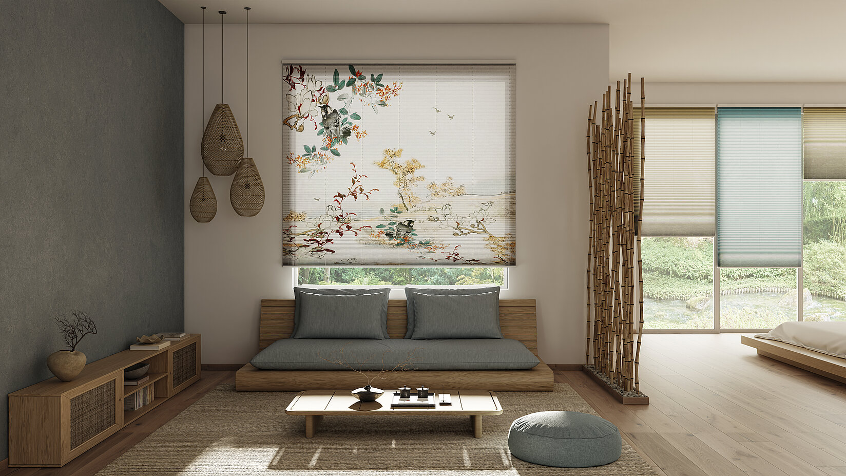 Freihängendes Plissee mit dem Motiv Kyotot aus der Plissee Kollektion 2026 als moderner Sicht und Sonnenschutz im Wohnraum
