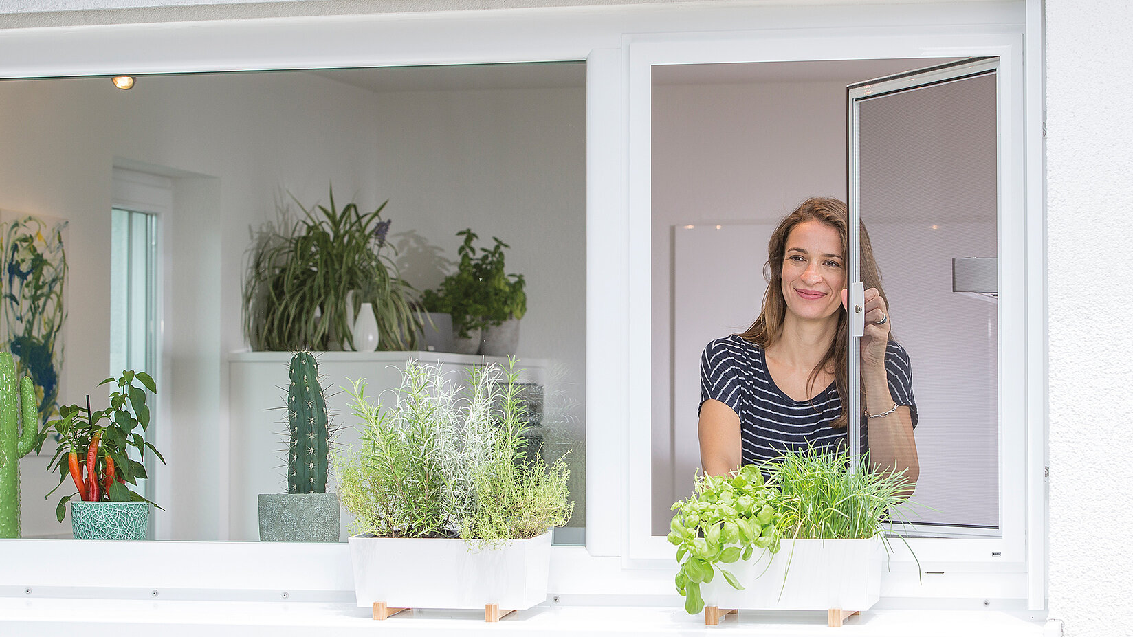 Woman opens insect screen casement window above herb planters.