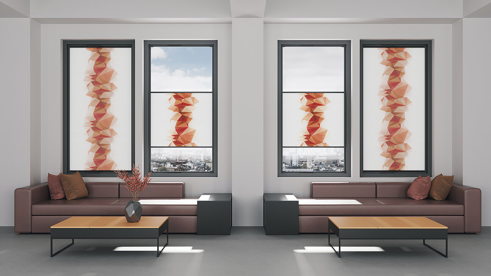 Wabenplissees mit grafischen Motiv Facette in Orange an vier Fenstern