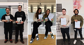 Sieben MHZ-Absolventinnen und Absolventen 2024 mit Urkunden in drei Gruppenaufnahmen