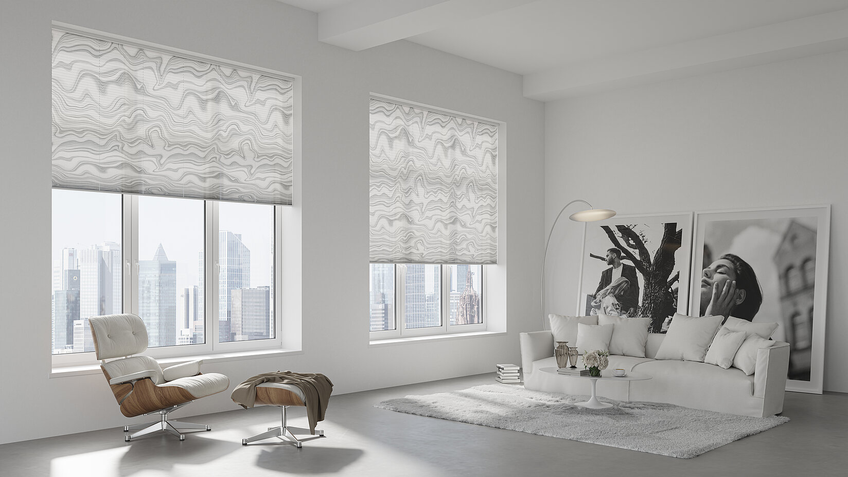 Freihängende Plissees mit dem Dessin Diego als moderner lichtdurchlässiger Sicht und Sonnenschutz im Wohnzimmer