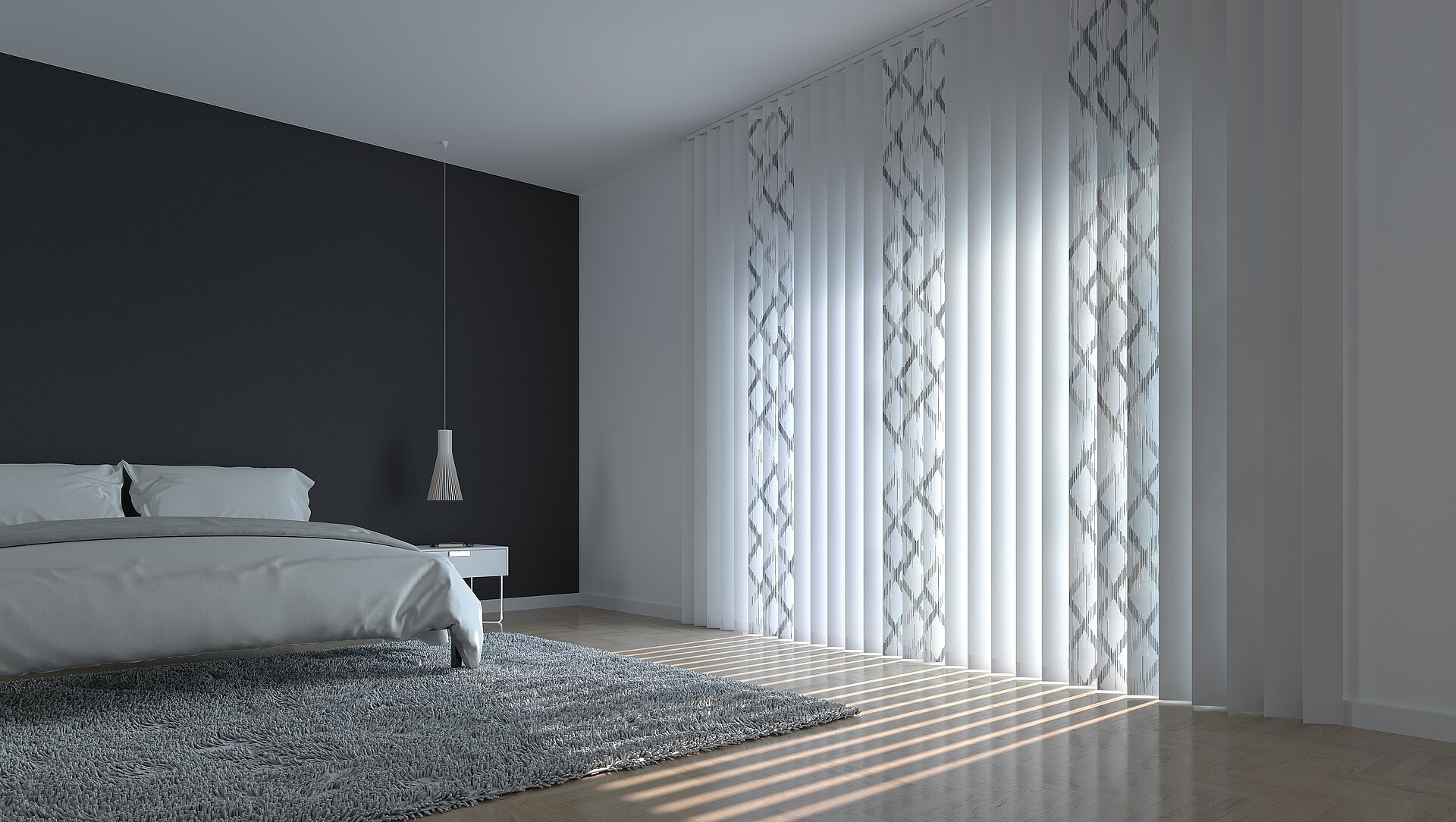 Grau gemusterter Lamellenvorhang als Sichtschutz im Schlafzimmer