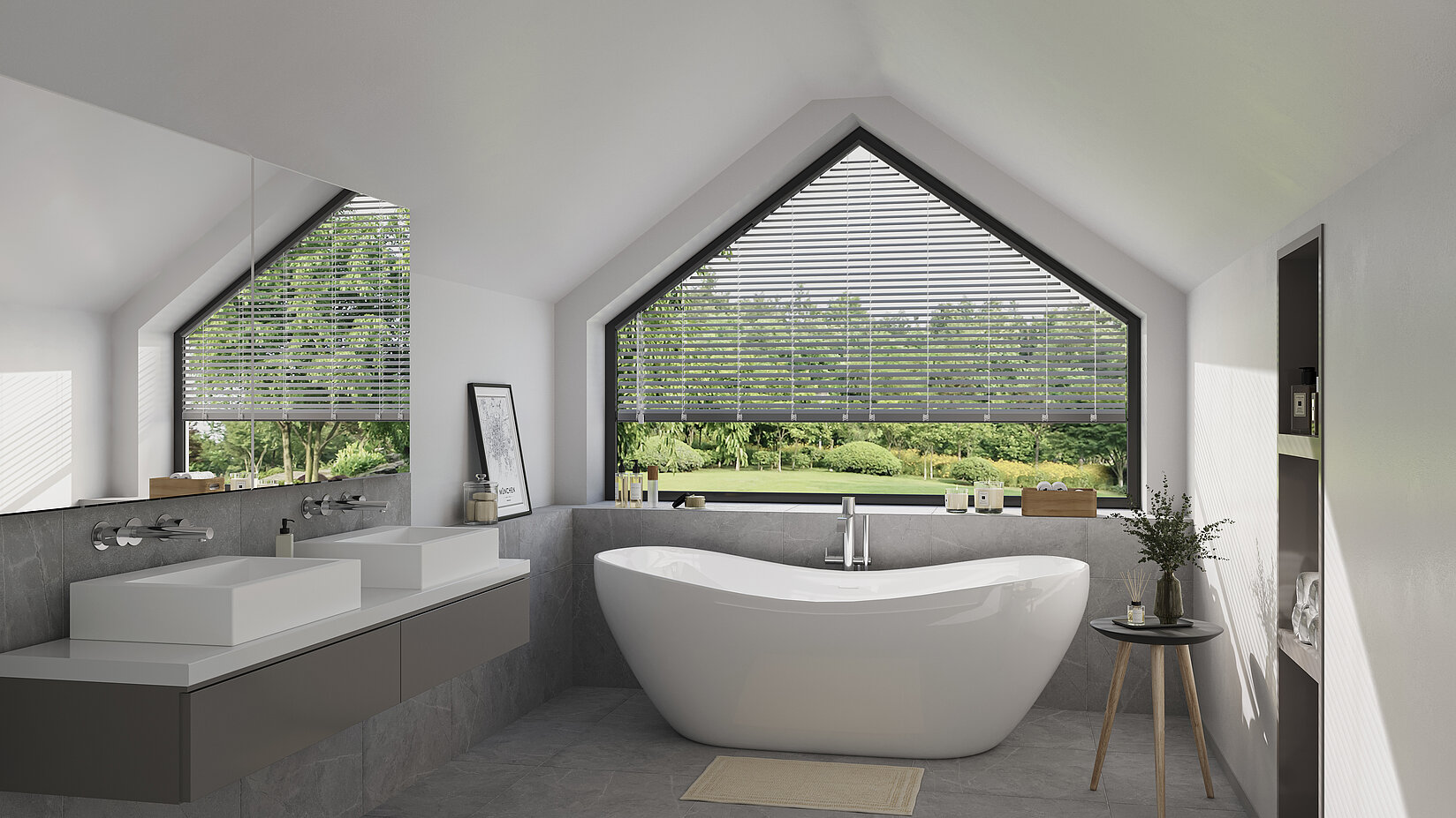 Modern bathroom with triangular window and MHZ venetian blind in Grey Metallic with 25 mm slats for sun and privacy protection.