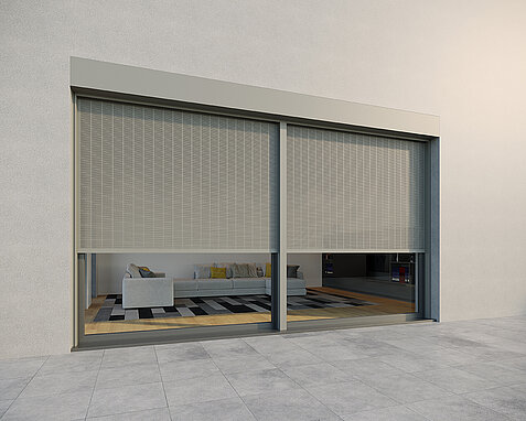 MHZ Metallbehang sonro in grau mit eckigem Aluminium-Vorbaukasten vor großer Fensterfront, Blick ins Wohnzimmer.