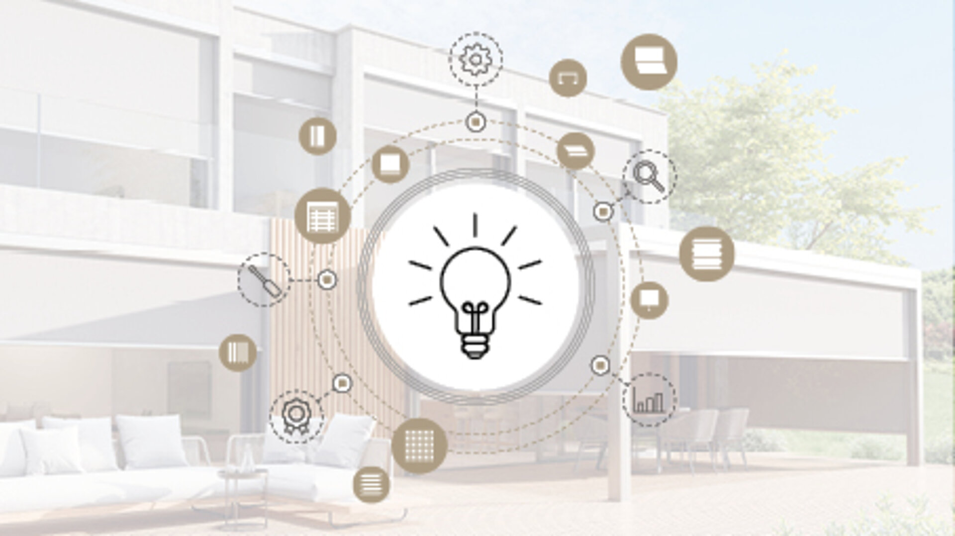 Infografik zu Wissen vor moderner Terrasse mit textilen Außenrollos