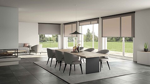 Esszimmer mit großen Fensterflächen und blickdichten Rollos in Beige, moderne Einrichtung mit Naturblick
