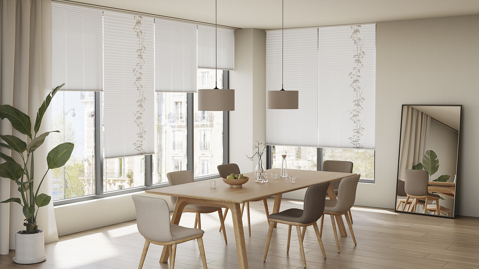 Freihängende Plissees mit dem Dessin Carlina als lichtdurchlässiger Sicht und Sonnenschutz im modernen Essbereich