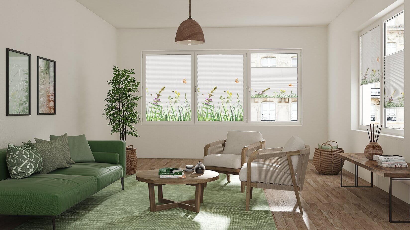 MHZ Plissee mit Frühlingswiese-Motiv im Wohnzimmer