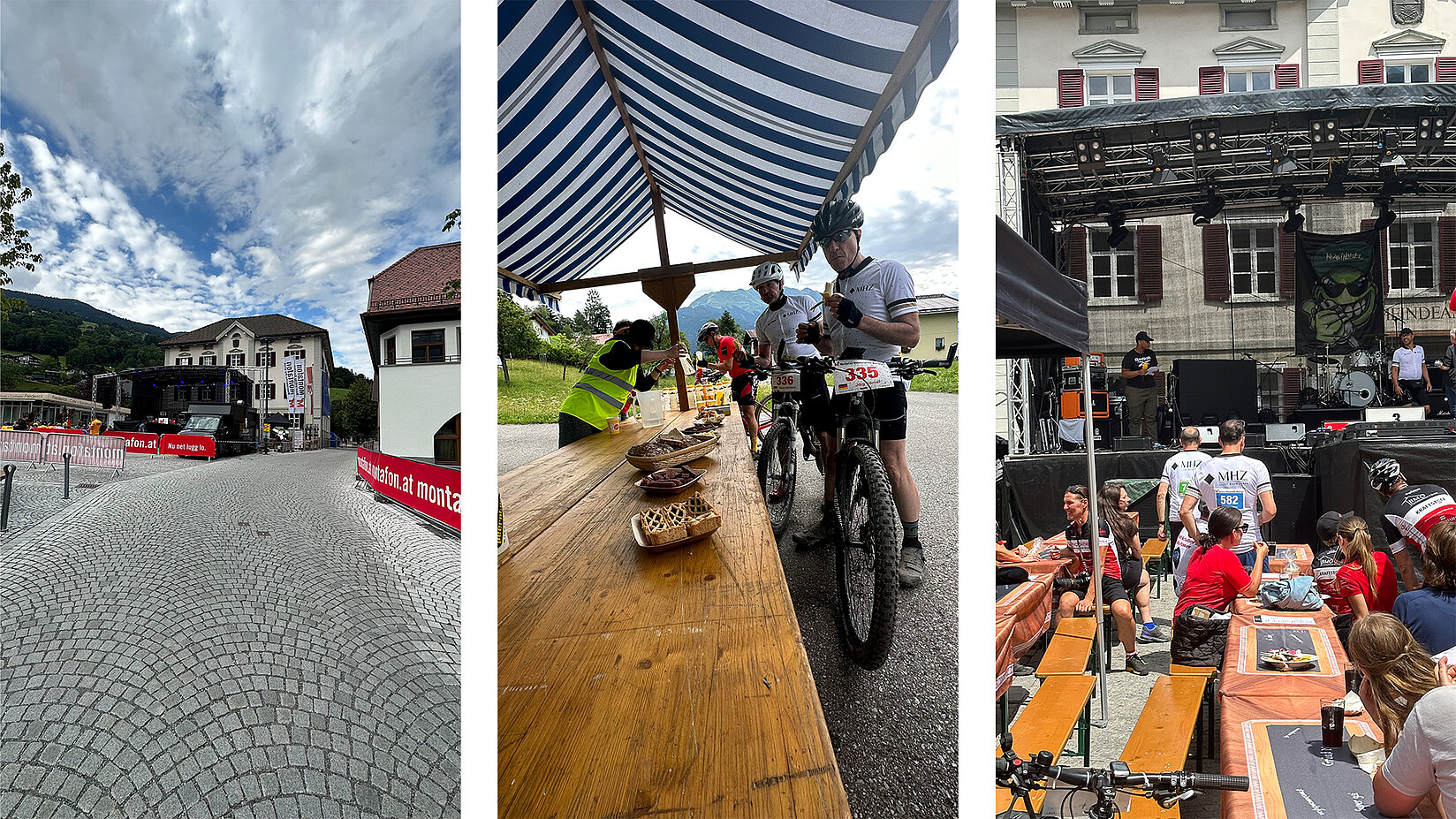 Gruppe von Mountainbike-Fahrern in weißer Sportkleidung unter einem roten aufblasbaren Torbogen mit der Aufschrift „Montafon – Echte Berge“, vor einem Steingebäude.