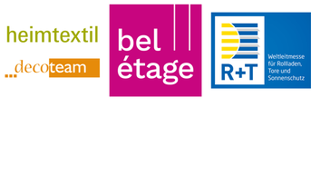 Drei Messe-Logos: „heimtextil …discover“ in grün-orange, „bel étage“ in pink, und „R+T“ in blau-gelb.