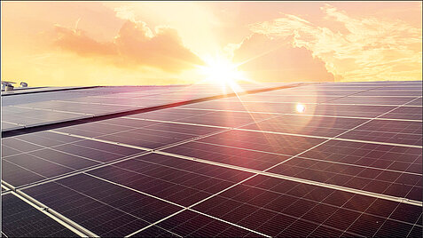 Große Fläche mit Solarpaneelen bei Sonnenaufgang mit rötlichem Himmel und Lichtreflexionen.