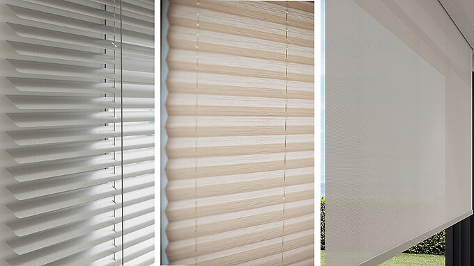 Comparison of venetian blind, pleated blind and roller blind. Three types of interior blinds with different light and design effects.