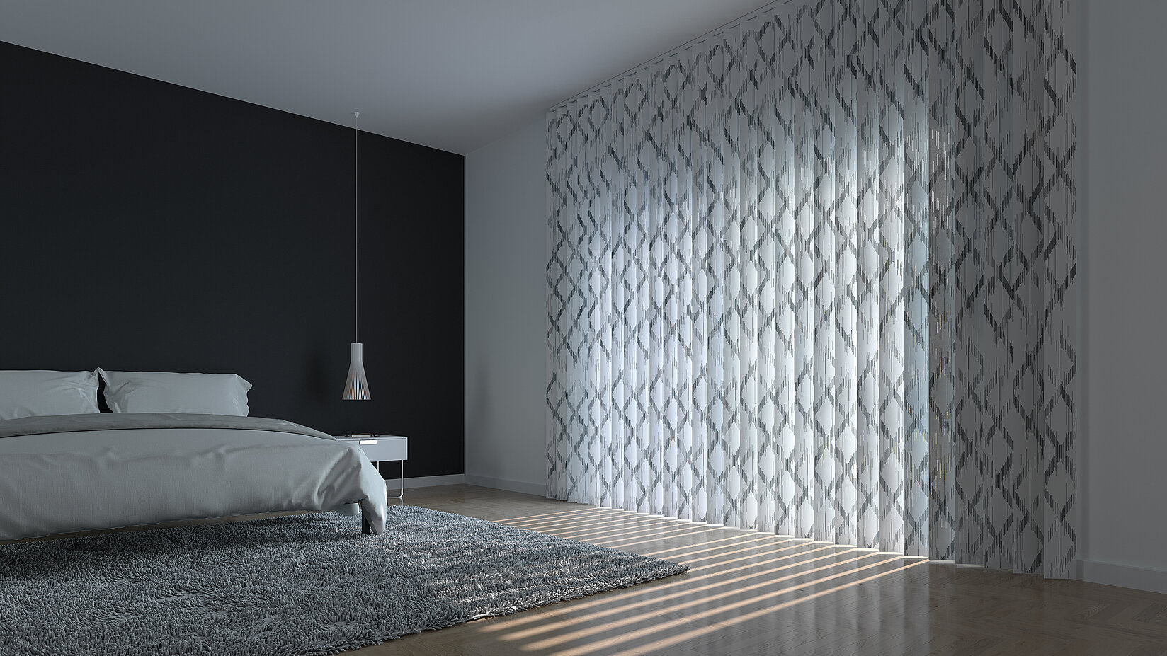 Lamellenvorhang mit grauem Muster im Schlafzimmer