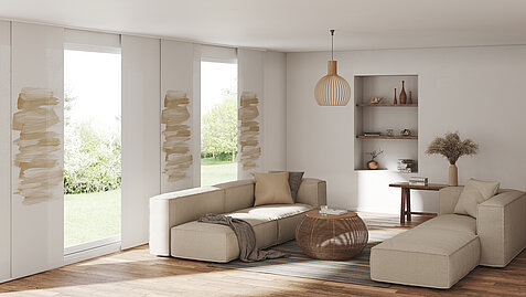 MHZ Flächenvorhang „Artak“ mit beige-braunem Pinselmuster auf weißem Grund in einem hell eingerichteten Wohnzimmer