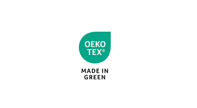 OEKO-TEX® MADE IN GREEN Siegel in grüner Tropfenform mit weißem Text.