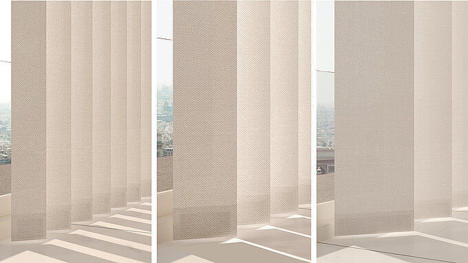 Drei nebeneinander angeordnete Lamellenvorhänge in Beige mit unterschiedlichen Lamellenbreiten zur Veranschaulichung des Vergleichs